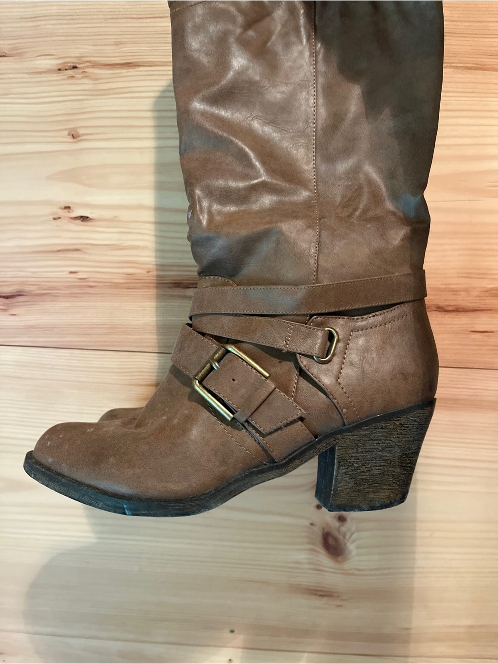 BONGO Tan Mid-Calf Buckle Block Heel Boots